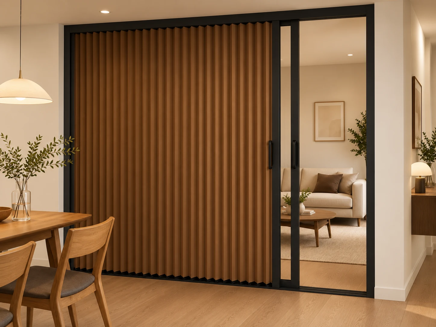 Warm brown honeycomb folding partition in a luxury interior