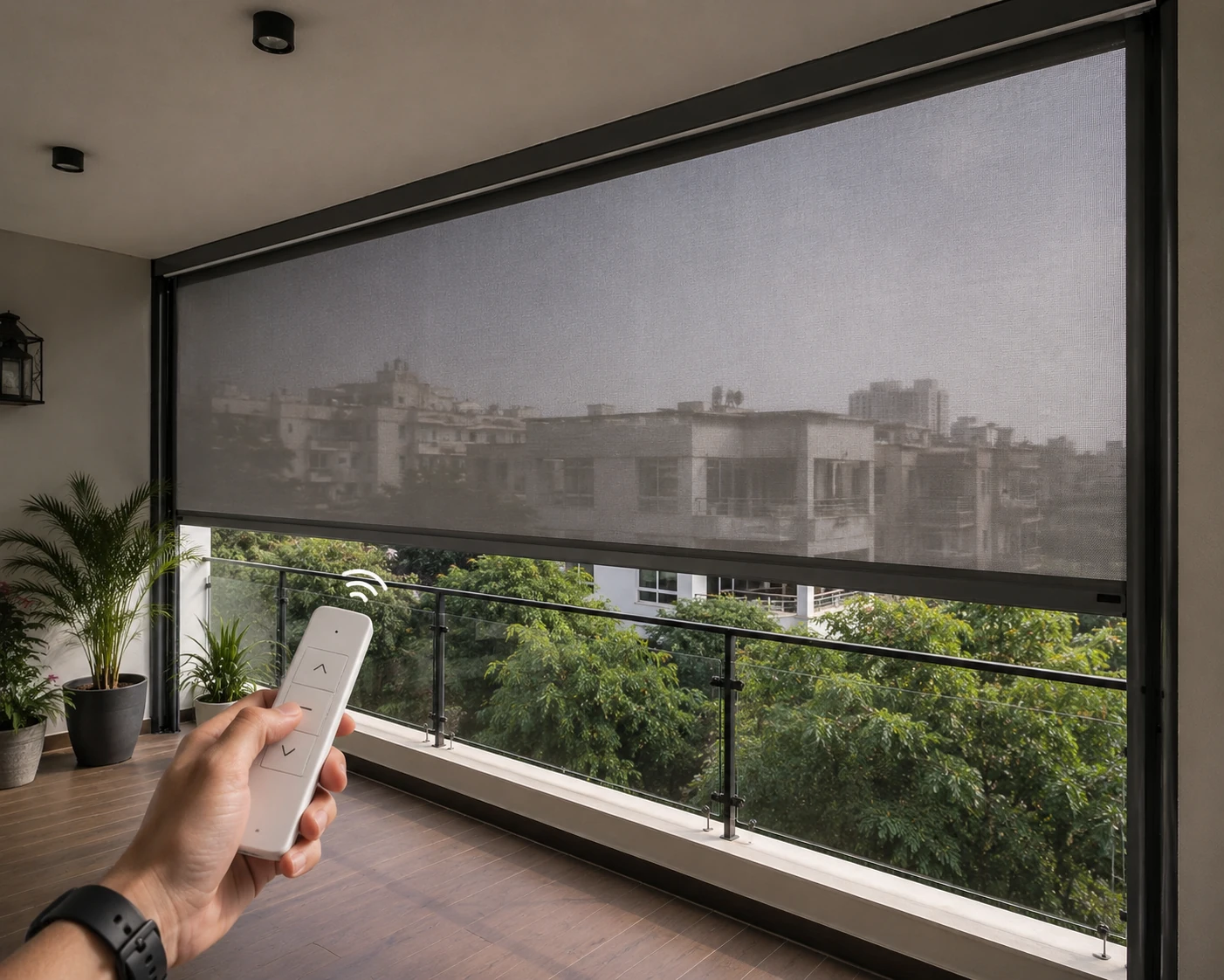 Remote-controlled motorized balcony screen