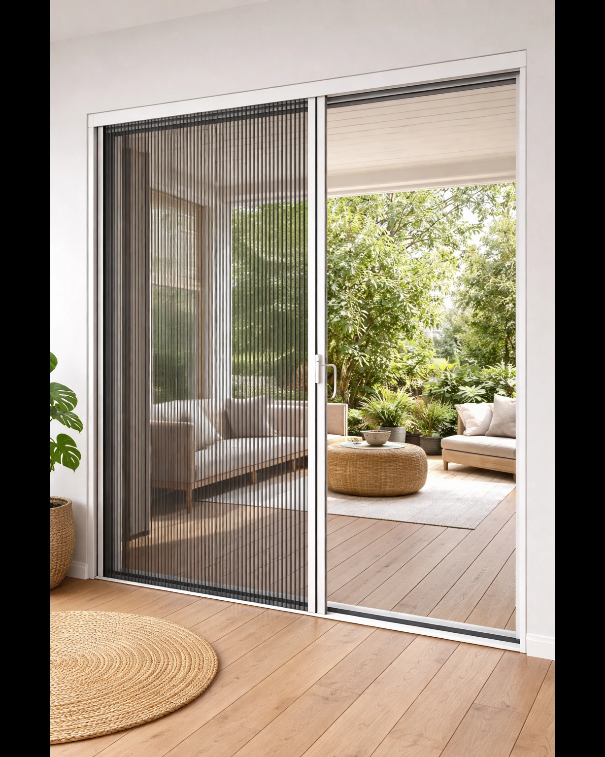 Pleated insect mesh in a bright white doorway with garden views