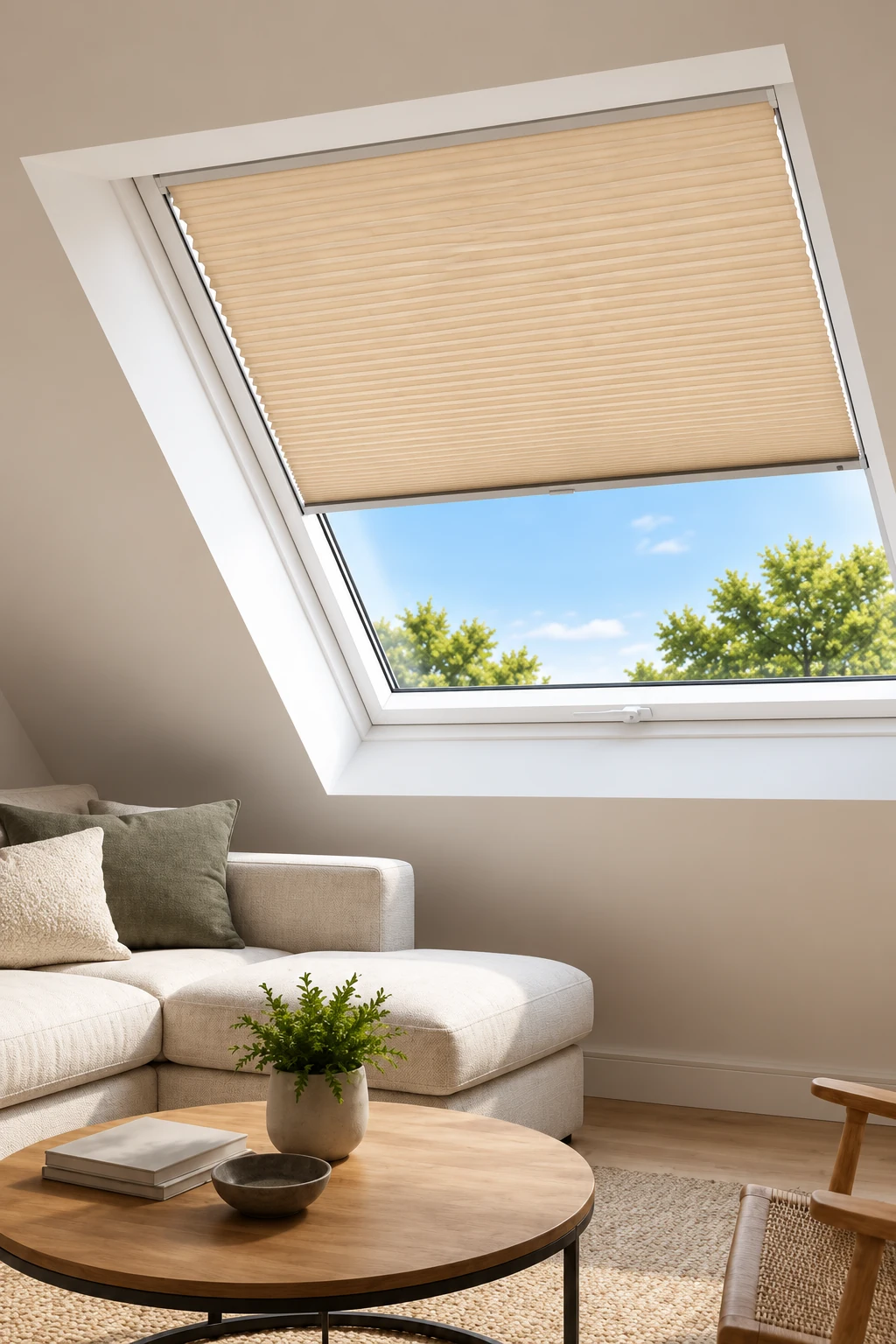 Beige pleated skylight blind above a bright living room